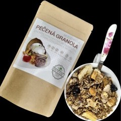 100g. Bezlepková pečená granola s kokosovým nektárom, kakaovými bôbmi, čerešňami a škoricou.